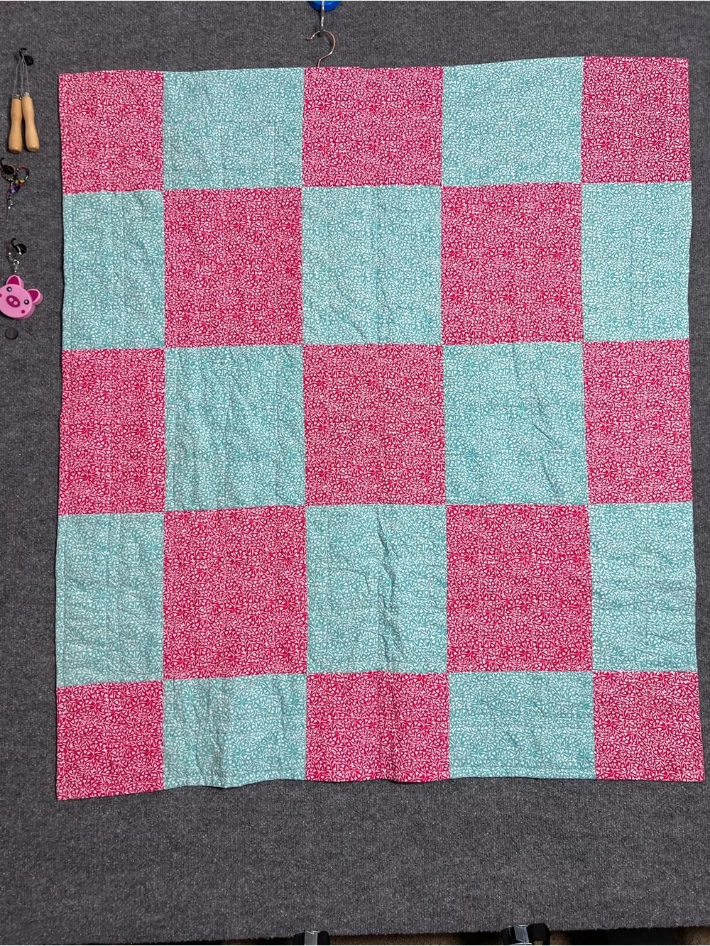 Colorful Chevron & Star Patchwork Quilt in Turquoise and Pink
